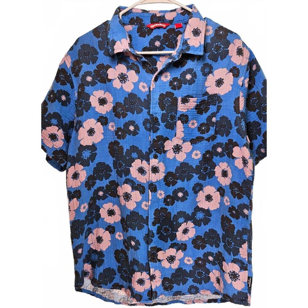 UNIONBAY Men's Blue Floral Textured Short Sleeve Button Down Shirt Size Large - Picture 7 of 7